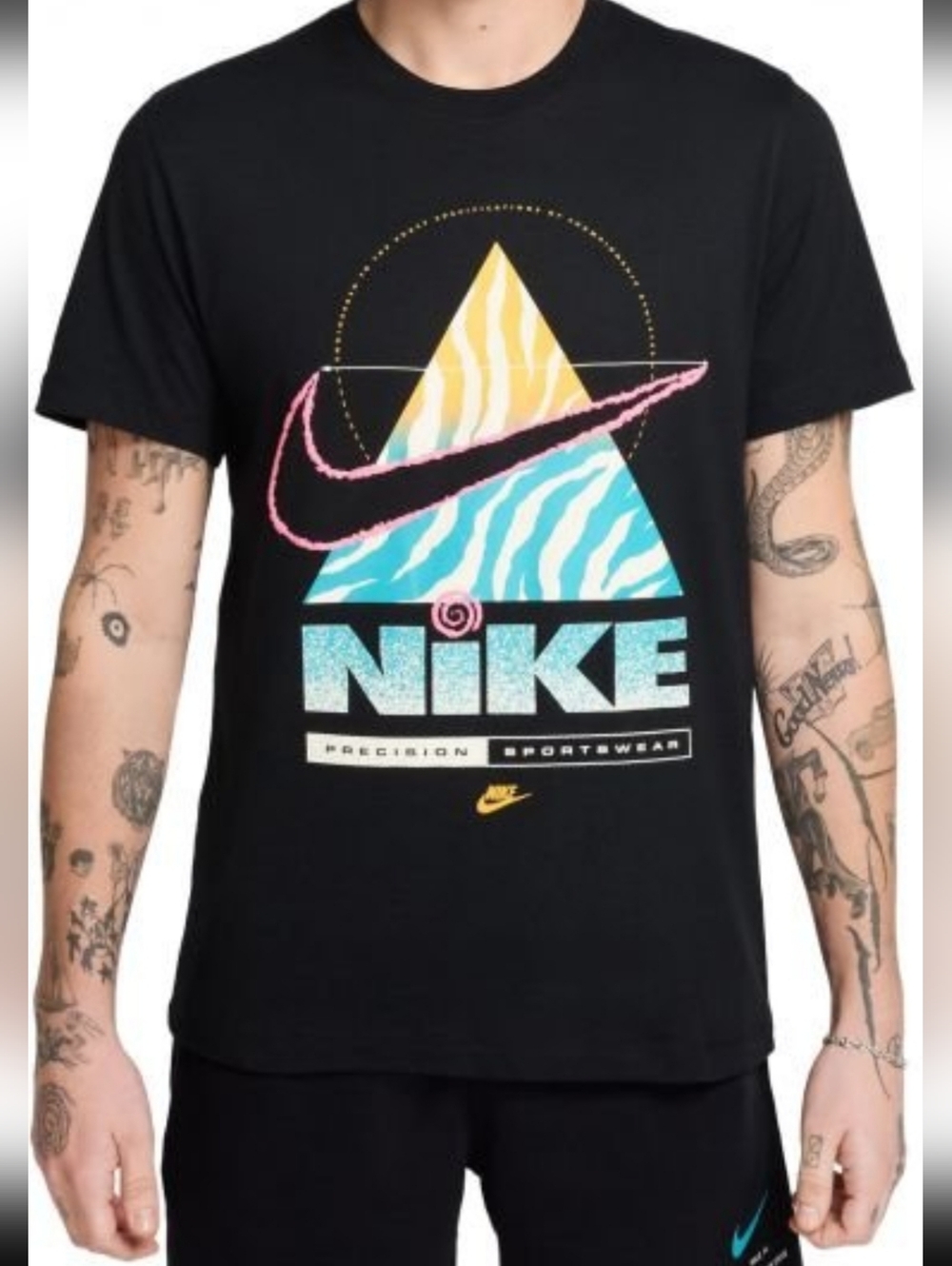 Brand New Nike Black Short-Sleeve Tee with Multicolor Triangle Graphic Men's L